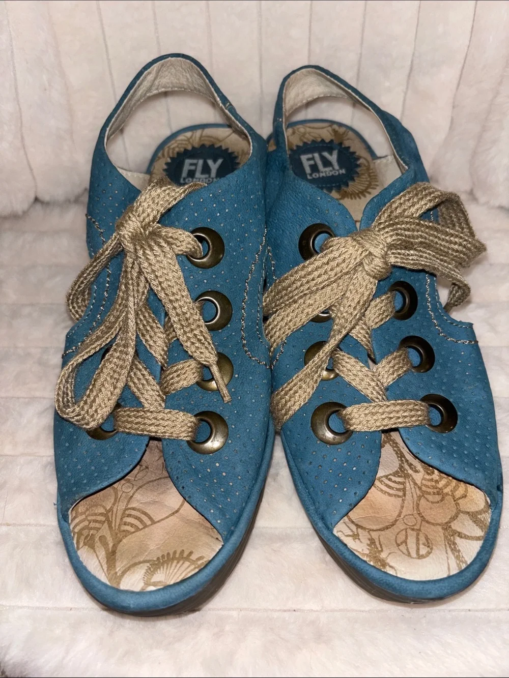 Fly London Yala Blue Suede Lace-Up Wedge Sandals Size EU 39 US 8-8.5 P500377004